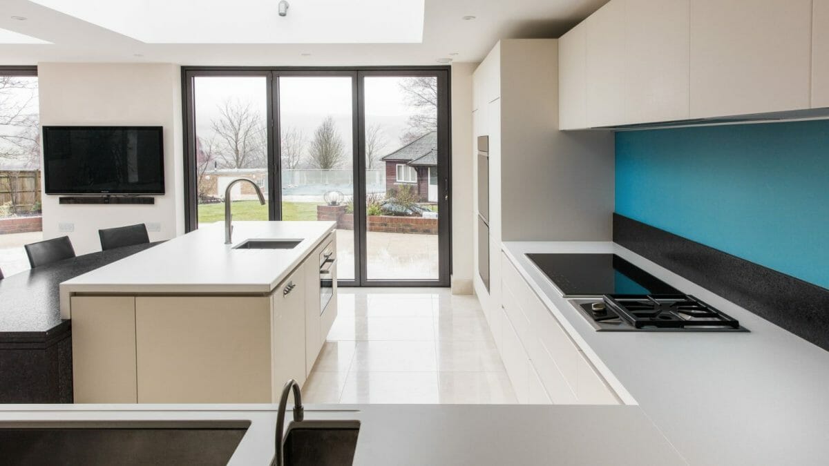 Ashley Jay Matt Glass Door Kitchen Project resized (4) Feature Island in White modern Kitchen