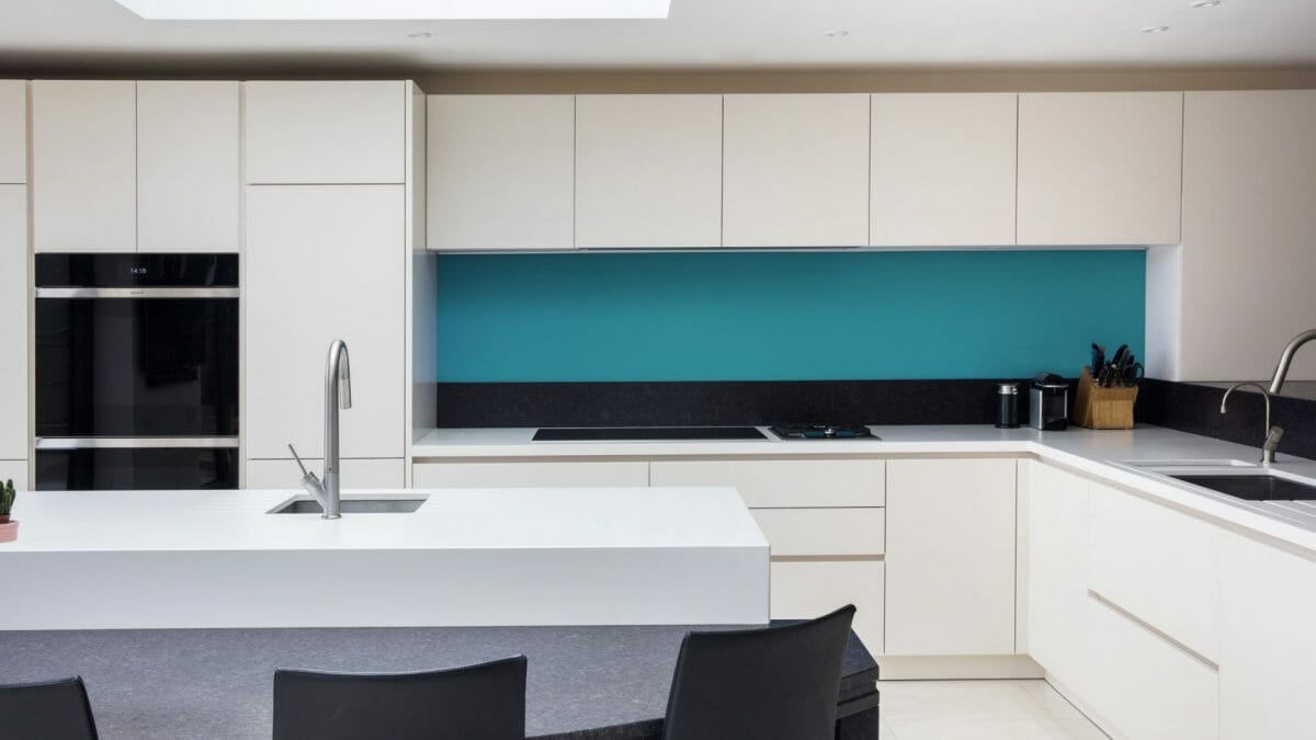 Ashley Jay Matt Glass Door Kitchen Project resized (5) Kitchen Island and Blue Splashback